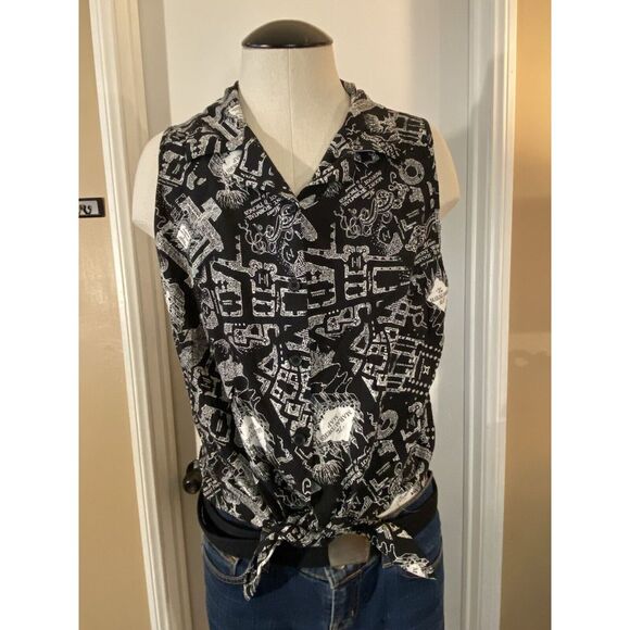 Tops - Harry Potter Marauders Map Knot Tie‎ Front Black and White Button Up Size L